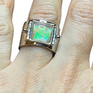Faux Dichroic Glass Opal & Rhinestone Silver Toned Wide Band Statement Ring‎ 8.5